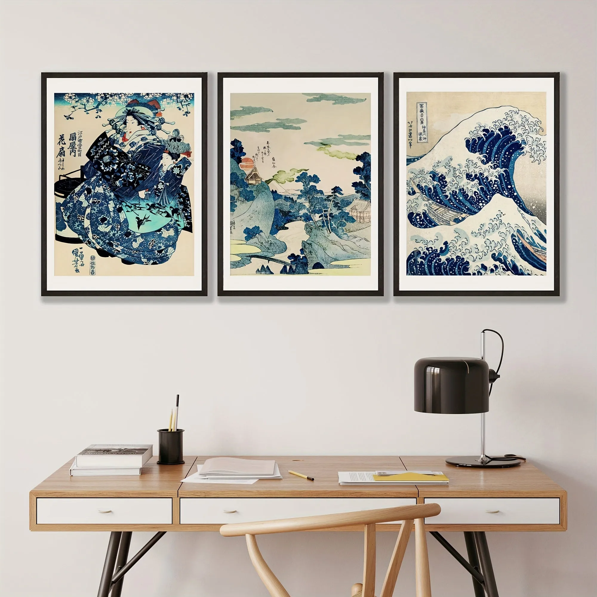 3pcs Japanese Woodblock Canvas Art: The Great Wave Collection - Posters for Home and Office Decoration