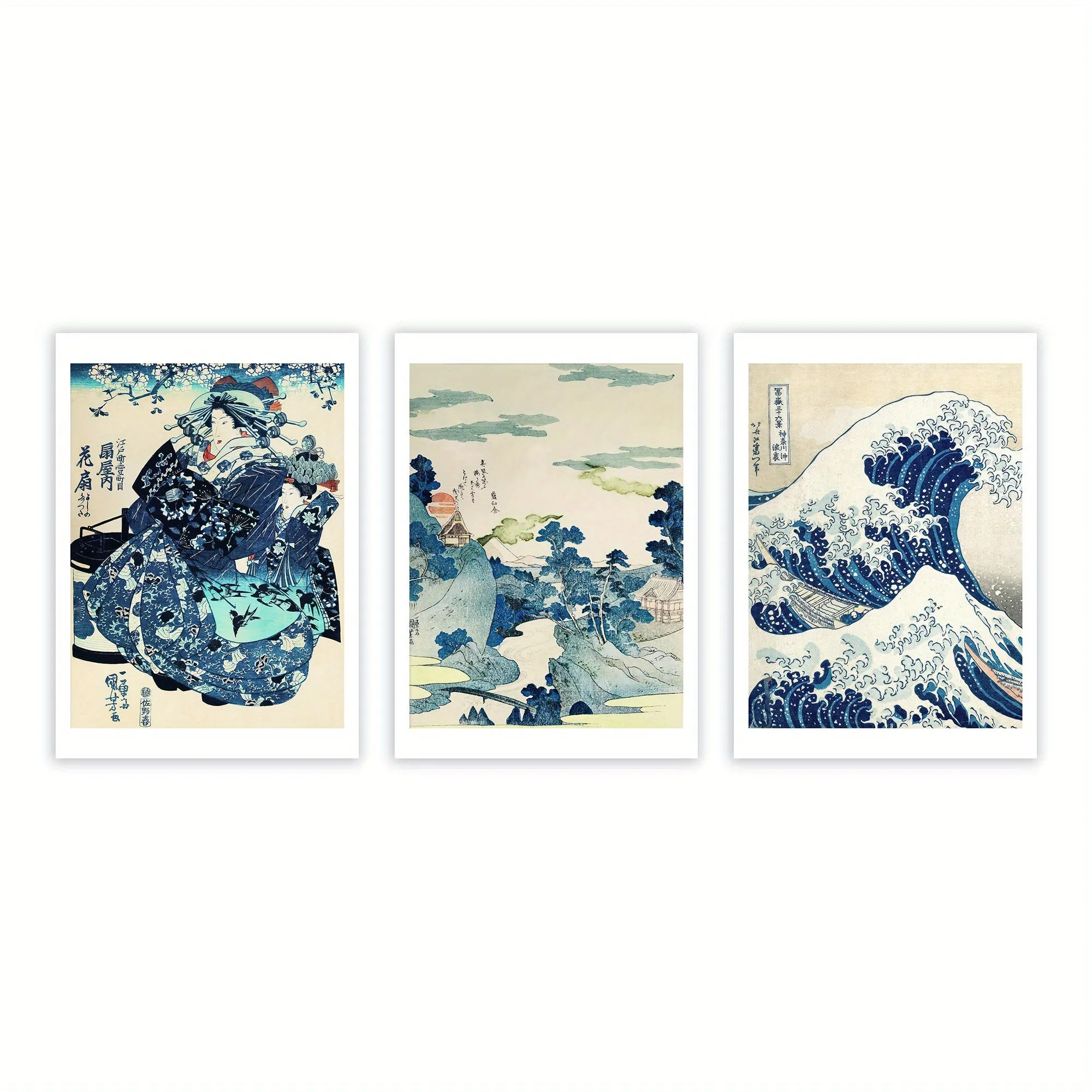 3pcs Japanese Woodblock Canvas Art: The Great Wave Collection - Posters for Home and Office Decoration