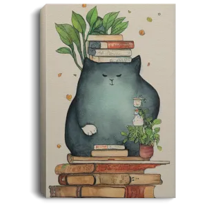 A Giant Cozy Cat With Books And House Plants And Jars And Mushroom, Anime Cat, Read Book, Bookworm