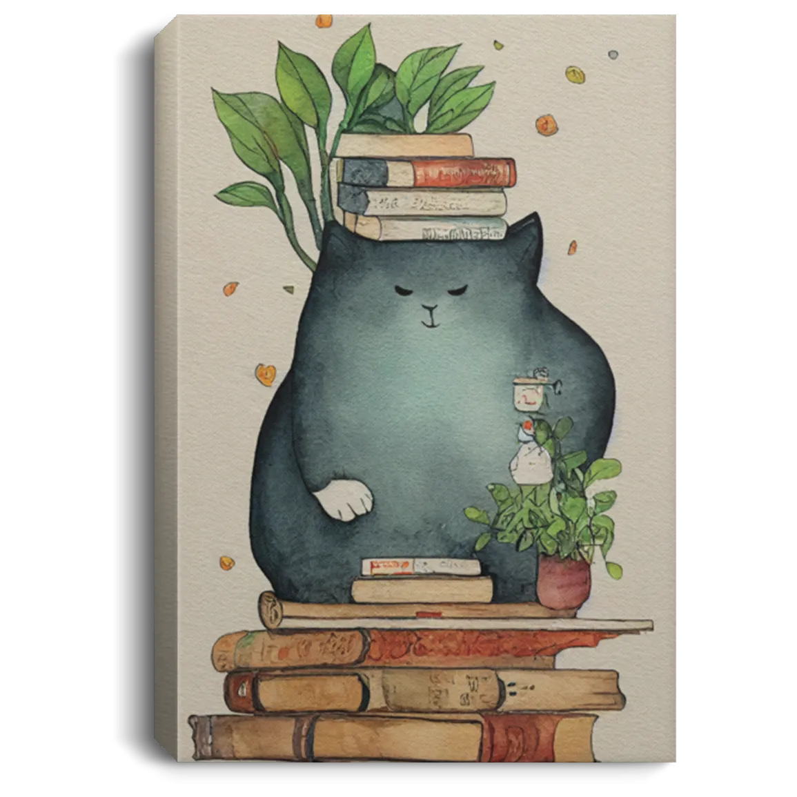 A Giant Cozy Cat With Books And House Plants And Jars And Mushroom, Anime Cat, Read Book, Bookworm