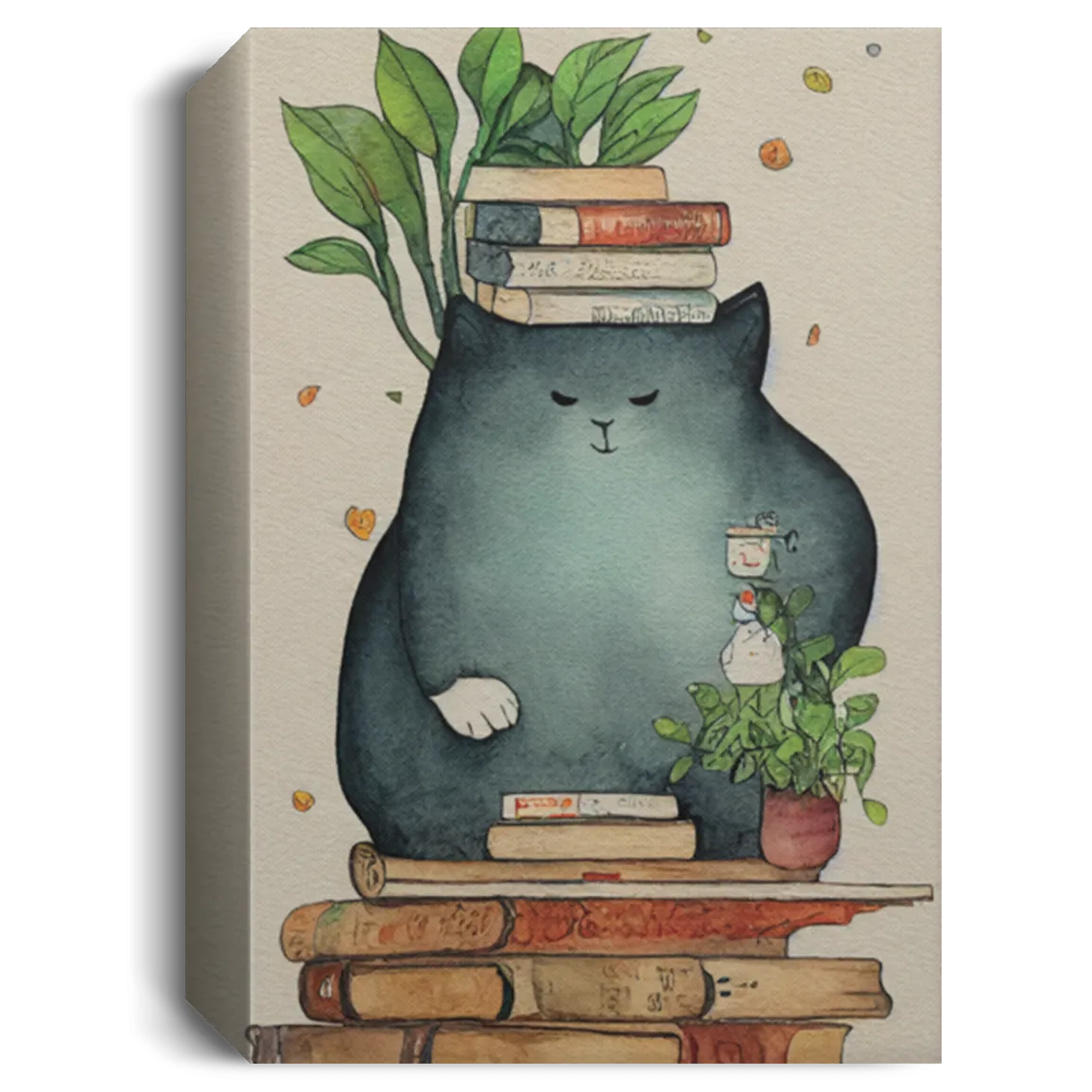 A Giant Cozy Cat With Books And House Plants And Jars And Mushroom, Anime Cat, Read Book, Bookworm