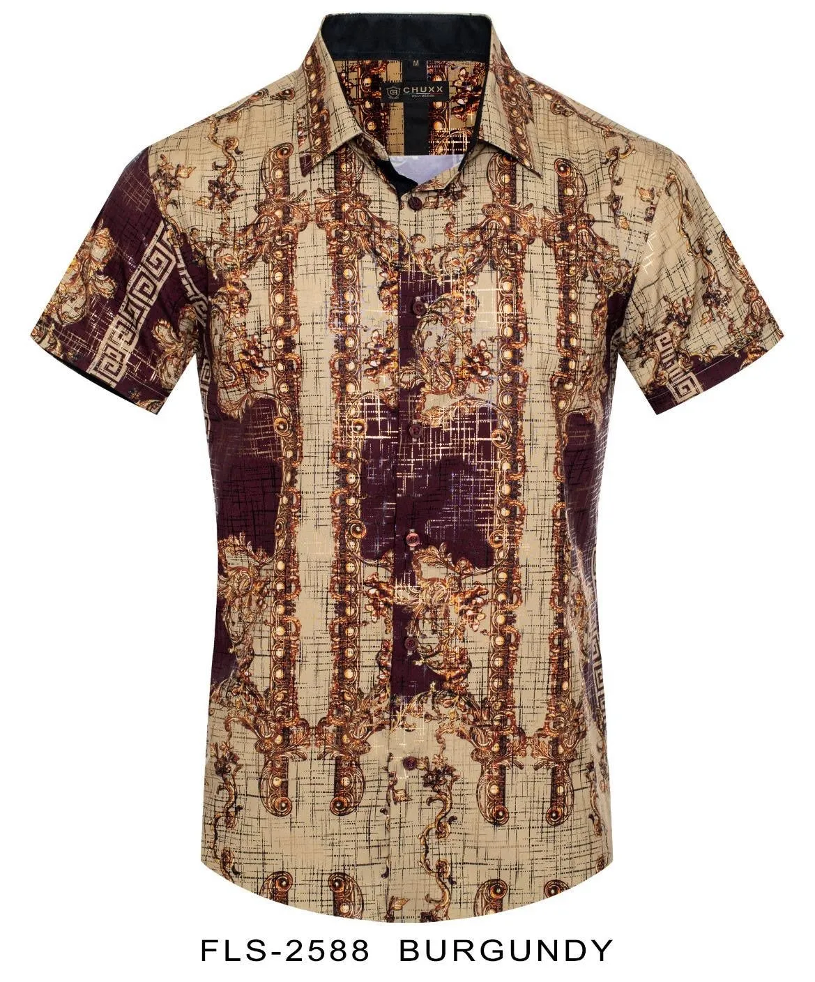 Beige Men's Multi Color Summer Short Sleeve Shirt Greek Key Style No: FLS-2588