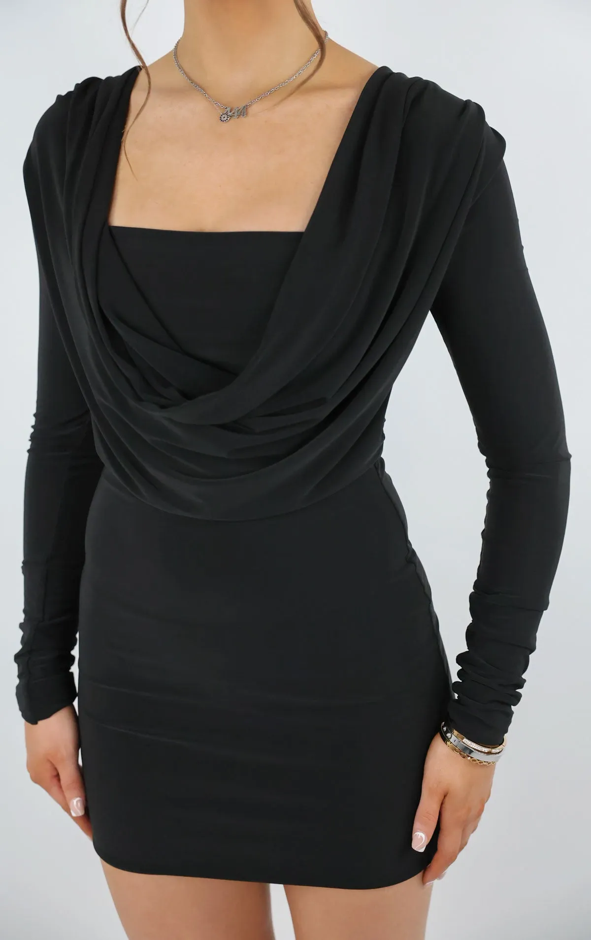 Black Bodycon Cowl Neck Long Sleeve Mini Dress