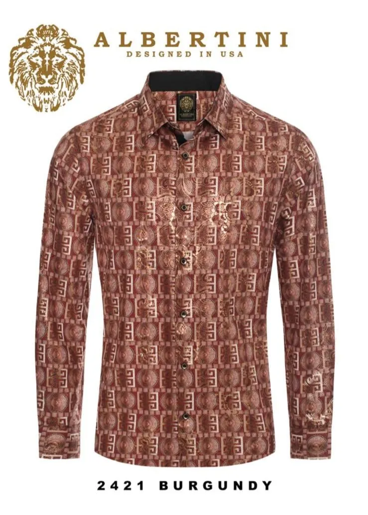 Burgundy-Gold Paisley Luxury Design Men's Long Sleeve Vintage Shirt Regular-Fit Style No: 2421