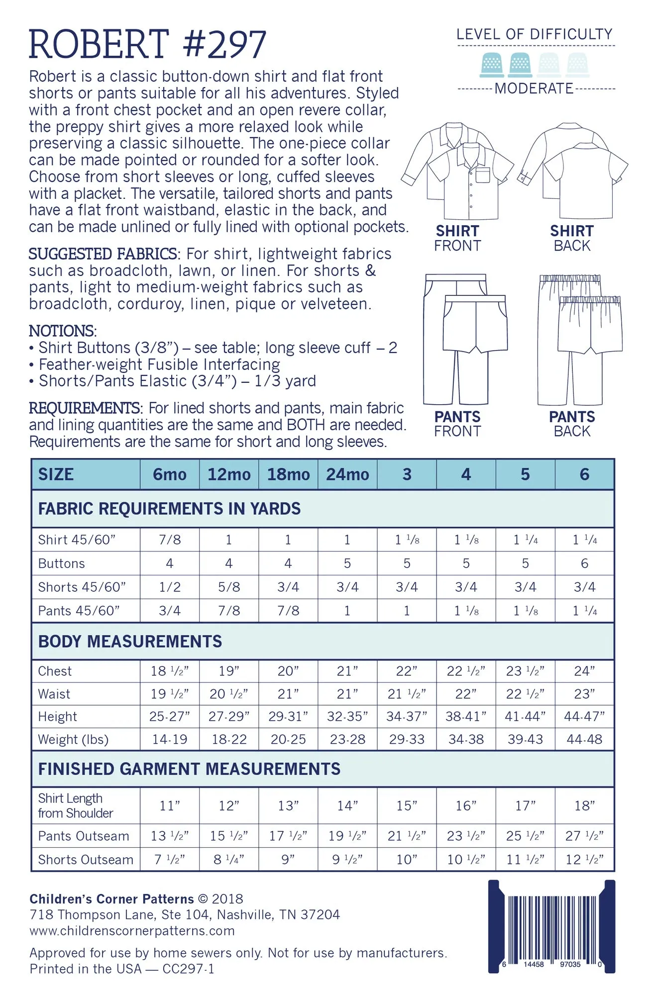 Children's Corner Robert Shirt and Shorts Pattern, 6M-6Y