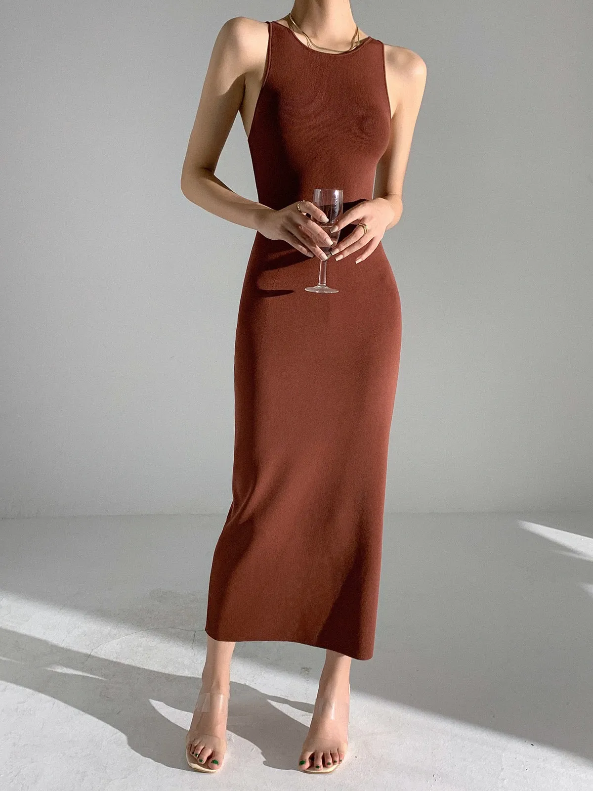 Chocolate Sleeveless Midi Bodycon Knit Dress