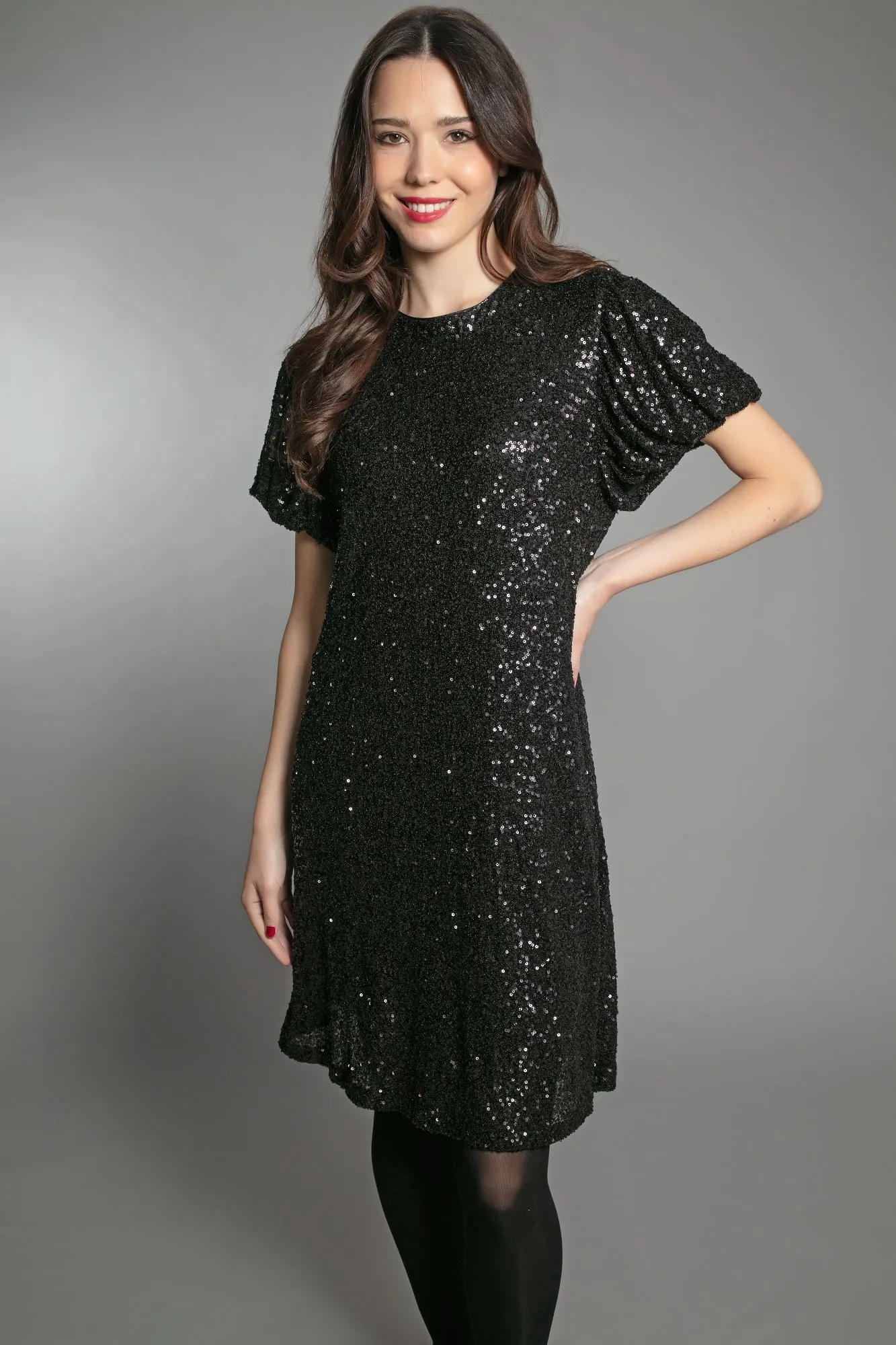 DUSTY SEQUIN T SHIRT DRESS IN BLACK