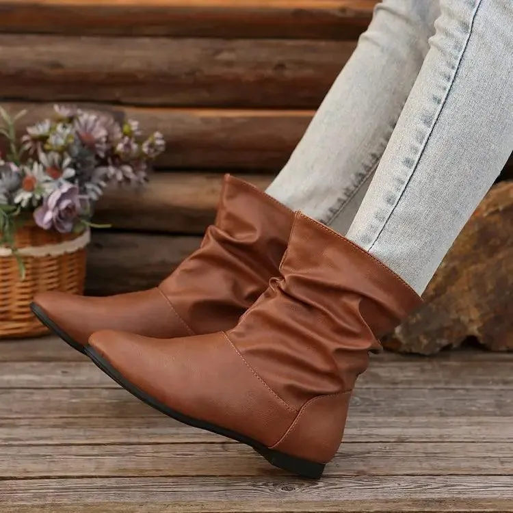 Fashion Round-toed Flat Boots Versatile Simple Slip-on Western Cowboy Boot Casual Short Shoes For Women Western boots