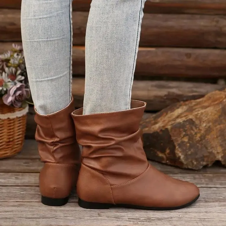 Fashion Round-toed Flat Boots Versatile Simple Slip-on Western Cowboy Boot Casual Short Shoes For Women Western boots