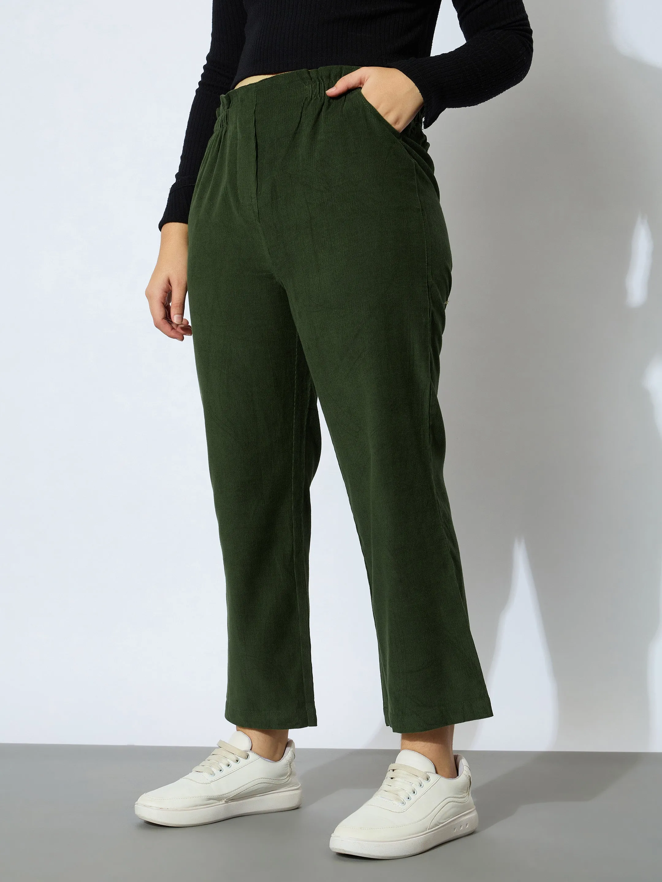 Girl Olive Corduroy Paper Bag Waist Pants