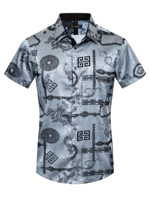 Grey Men's Graphic Design Short Sleeves Shiny Shirt Satin Material