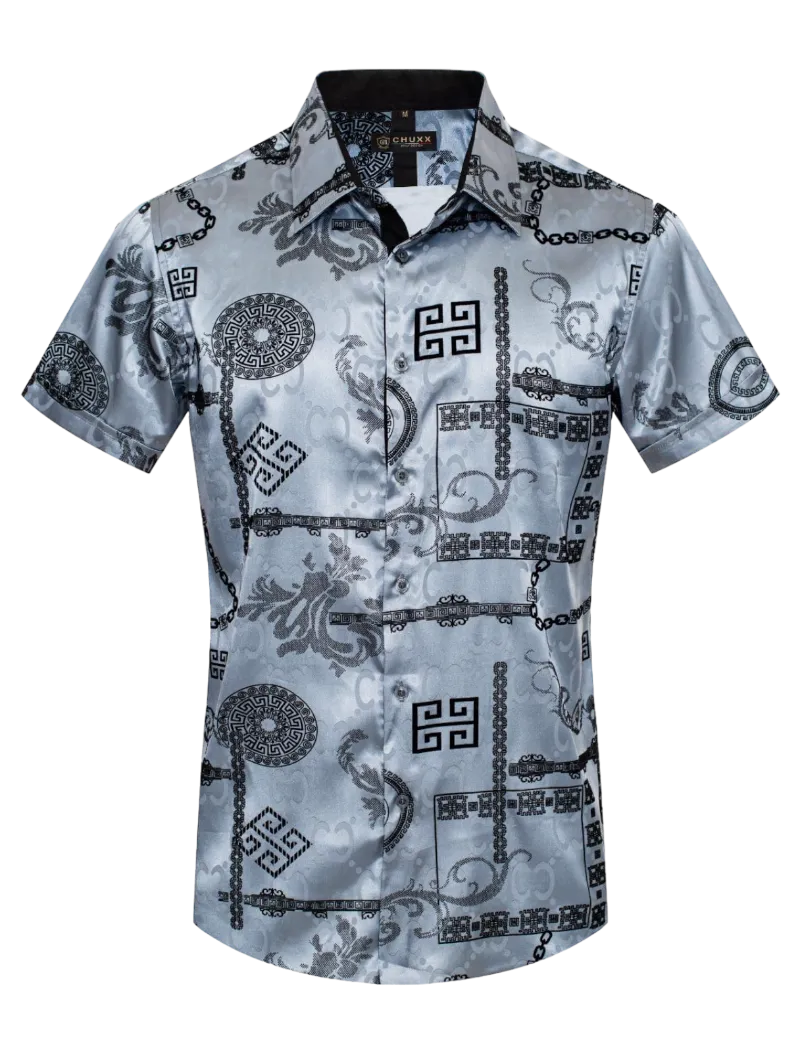 Grey Men's Graphic Design Short Sleeves Shiny Shirt Satin Material