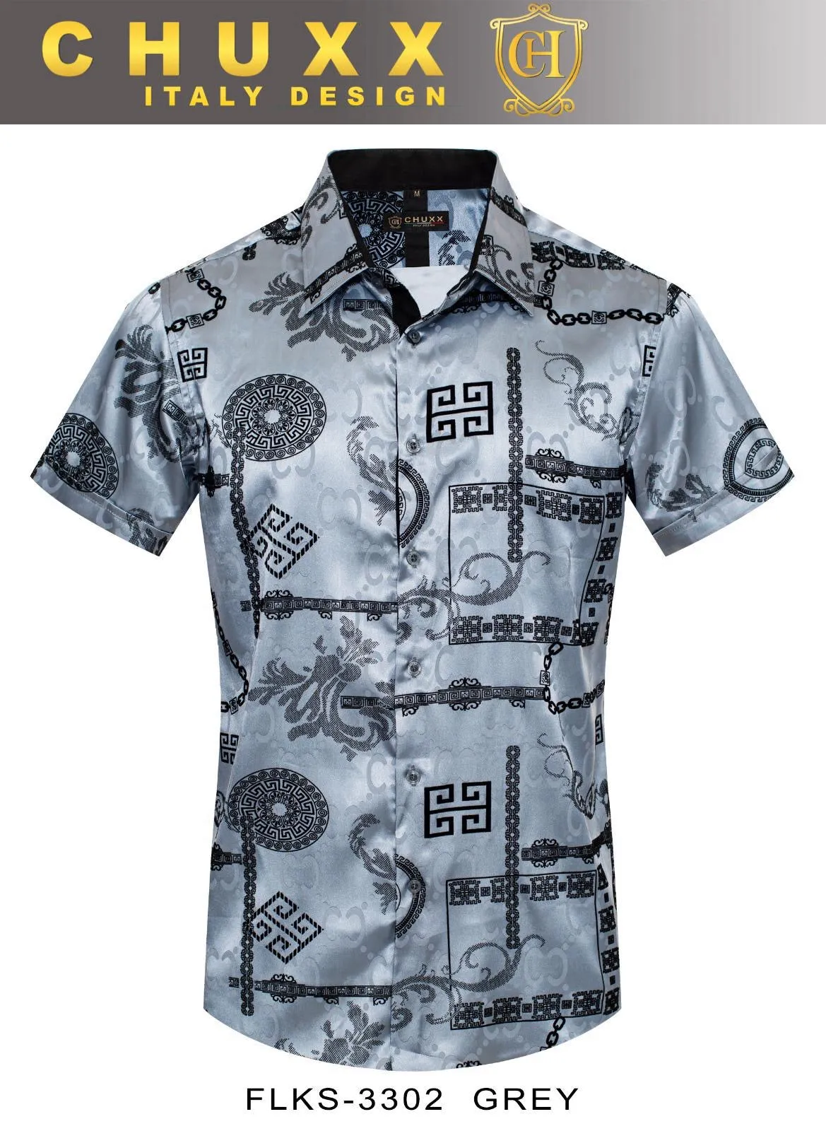 Grey Men's Graphic Design Short Sleeves Shiny Shirt Satin Material