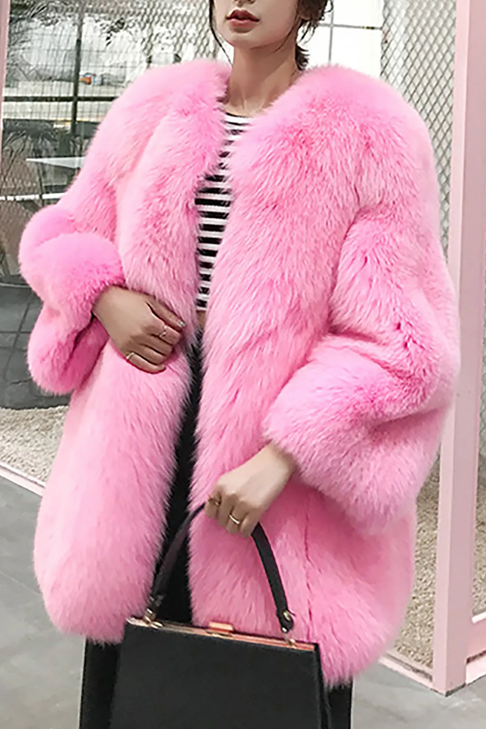 Hot Pink Shawl Lapel Oversized Faux Fur Women Coat