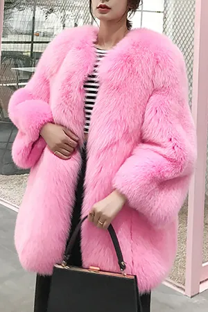 Hot Pink Shawl Lapel Oversized Faux Fur Women Coat