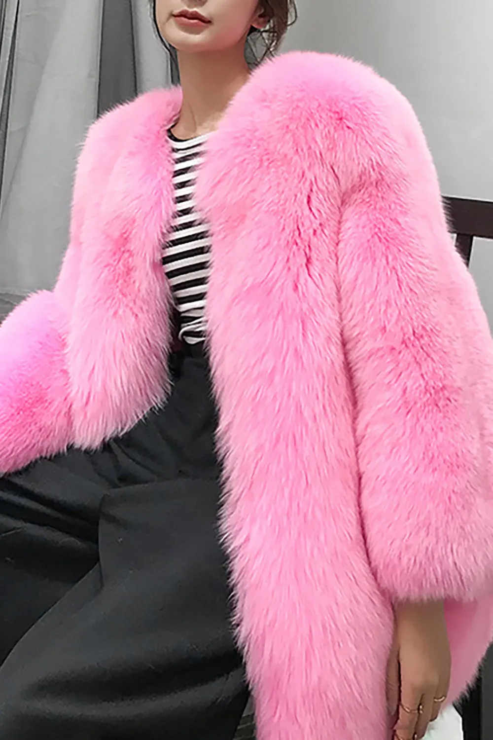 Hot Pink Shawl Lapel Oversized Faux Fur Women Coat