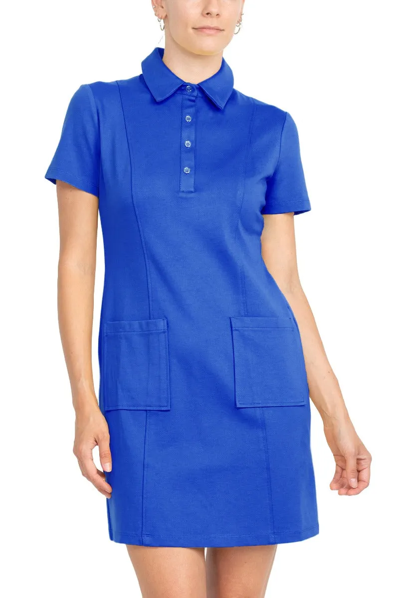 London Times Collared Button Short Sleeve Bodycon Solid Short Scuba Dress with Pockets