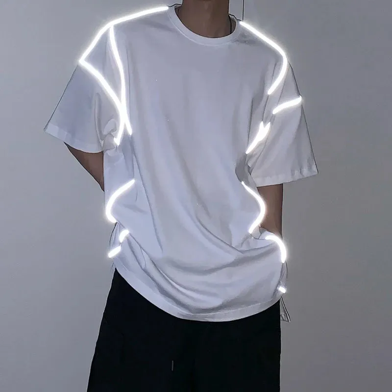 Men's T-shirt Wear Reflective Short-sleeved Fashion Cotton Clothes Black White Loose Fit Tops Round Neck 9Y2228