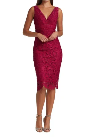 ML Monique Lhuillier V-Neck Sleeveless Banded Waist Bodycon Slit Back Lace Dress