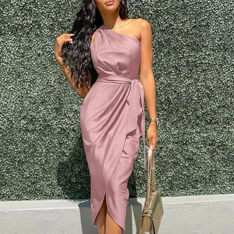 one shoulder bodycon dress satin surplice ruched casual women dress elegant