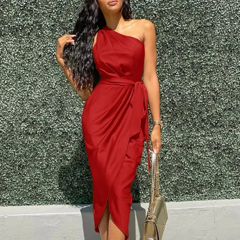 one shoulder bodycon dress satin surplice ruched casual women dress elegant