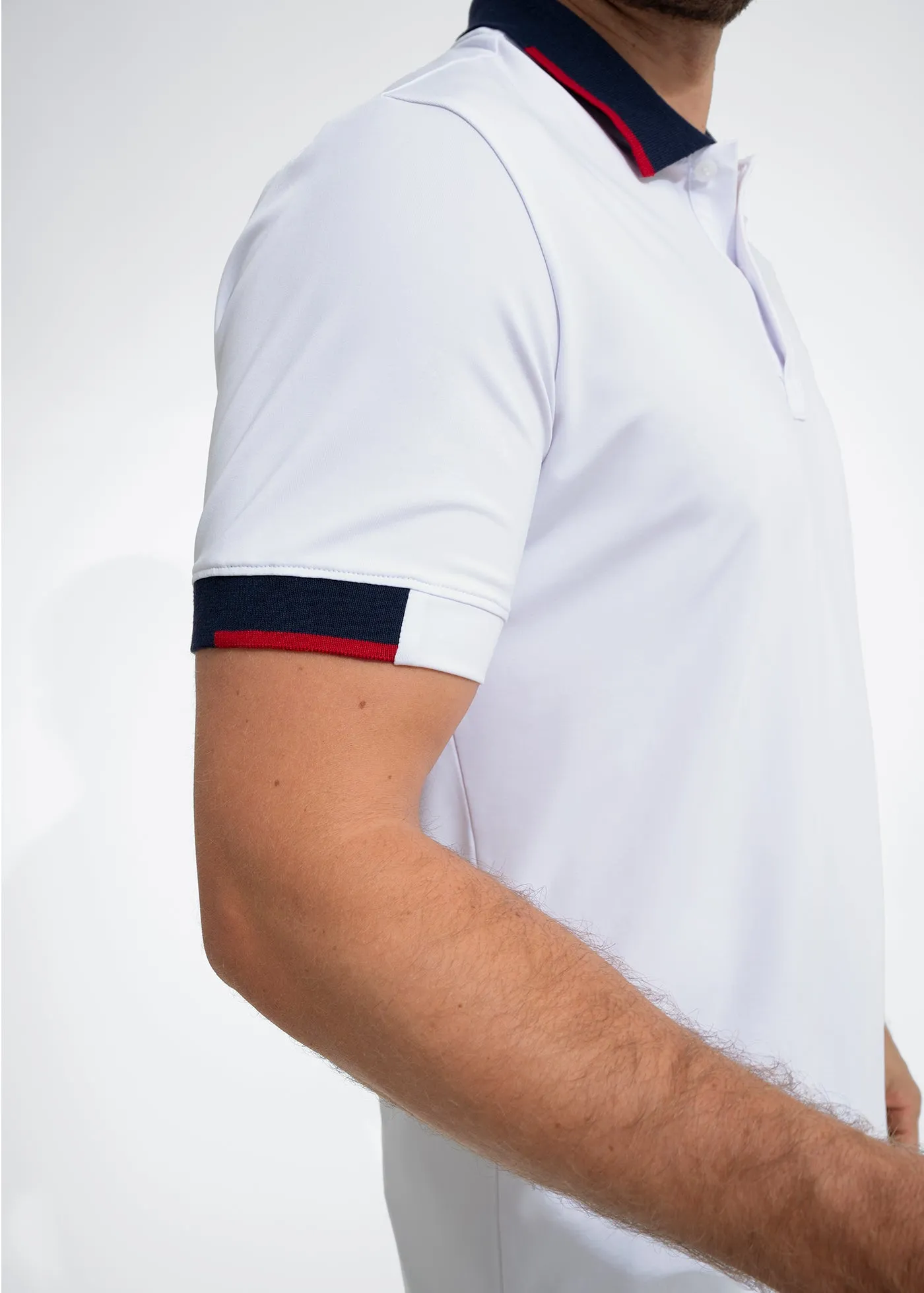 Performance Tipped Polo | White w/ Navy Collar & Red Tipping