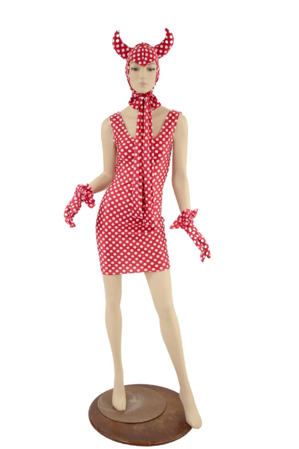 Polka Dot Devil Bonnet, Ruffle Gloves, and Bodycon Tank Dress Set