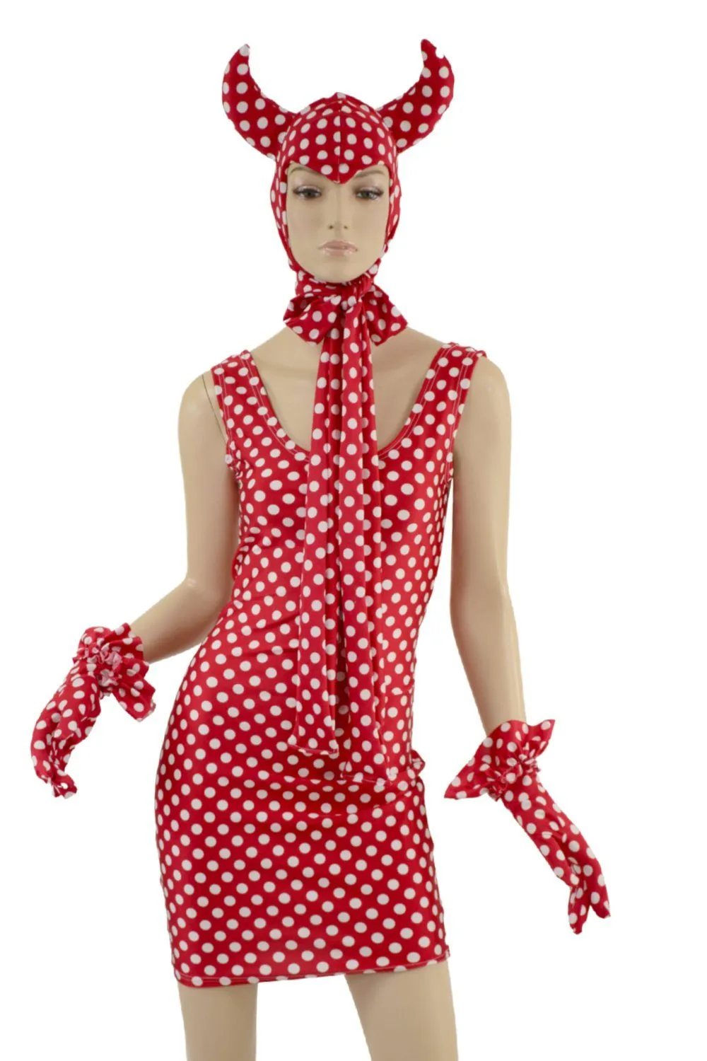 Polka Dot Devil Bonnet, Ruffle Gloves, and Bodycon Tank Dress Set