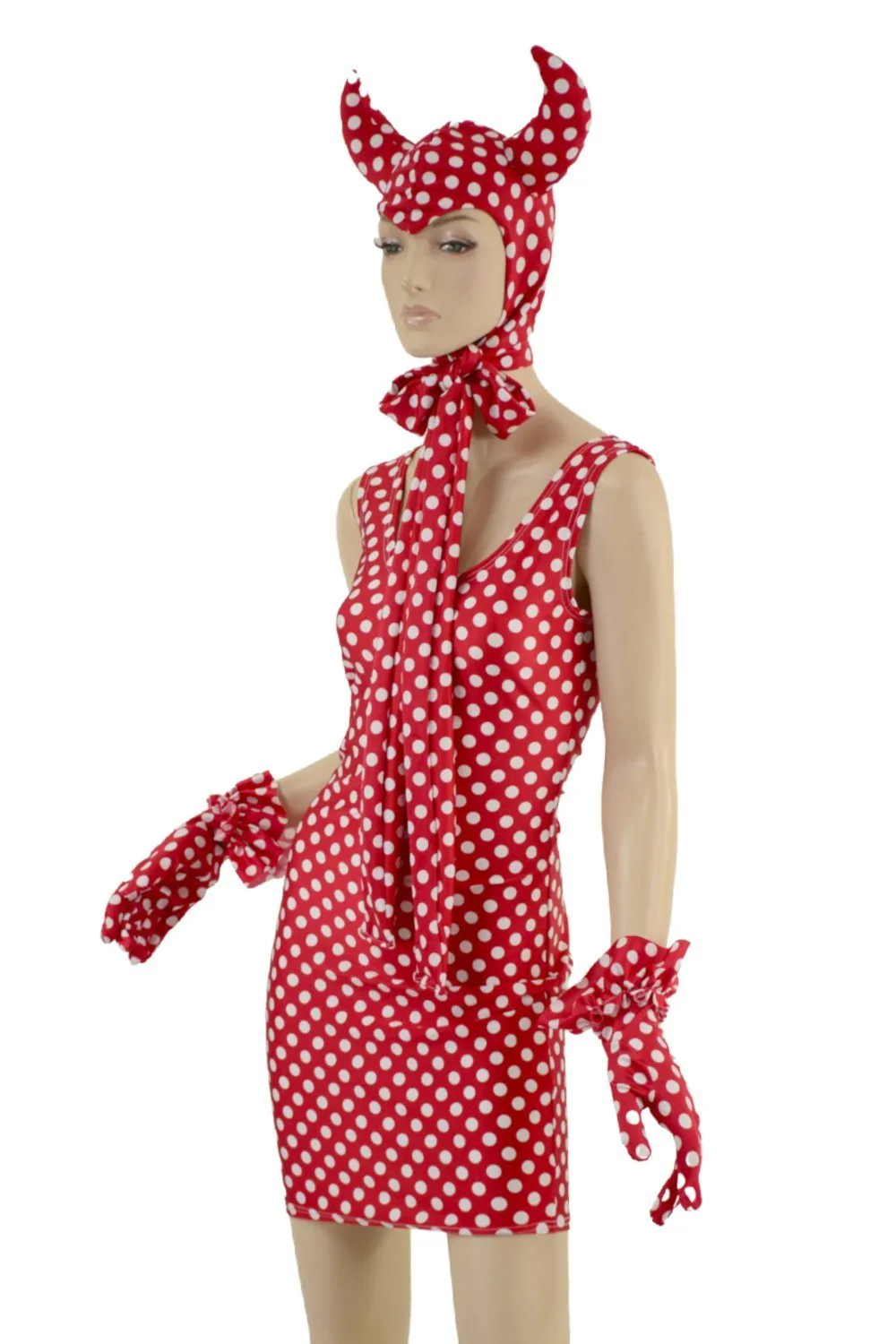 Polka Dot Devil Bonnet, Ruffle Gloves, and Bodycon Tank Dress Set