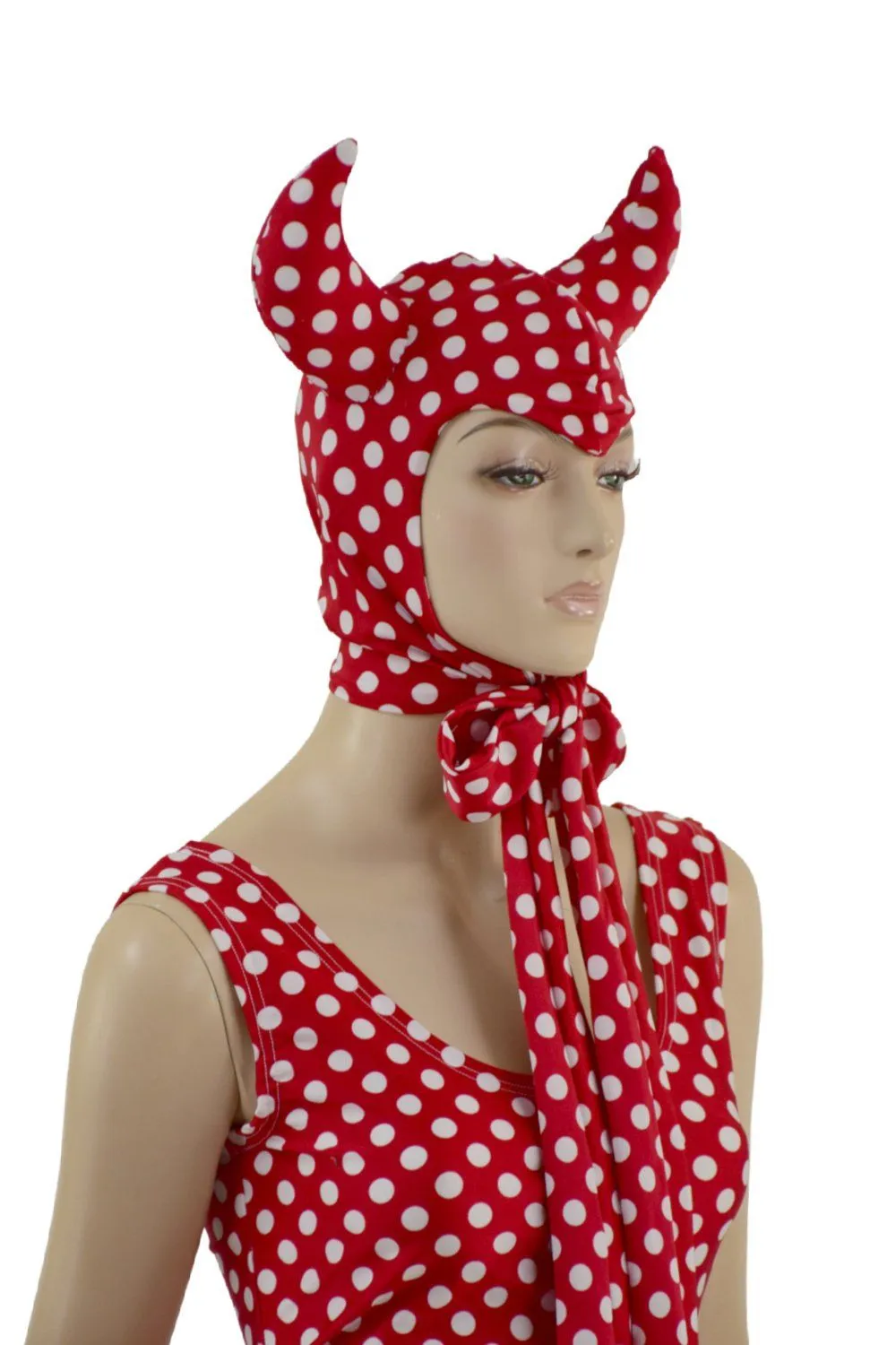 Polka Dot Devil Bonnet, Ruffle Gloves, and Bodycon Tank Dress Set