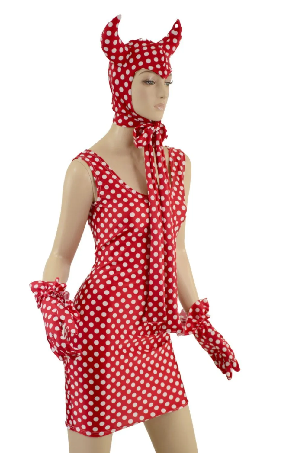 Polka Dot Devil Bonnet, Ruffle Gloves, and Bodycon Tank Dress Set