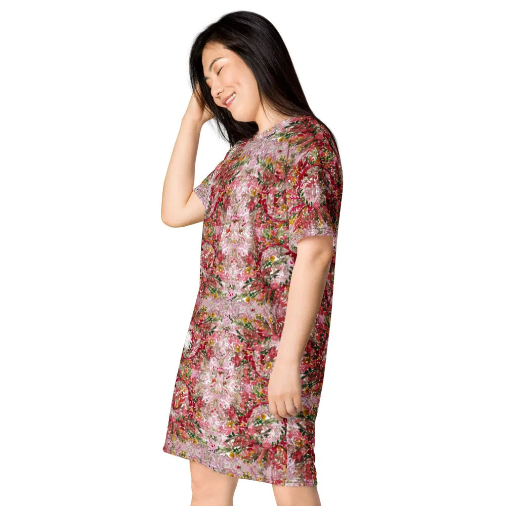 Red Flower T-shirt Dress, Circular Watercolor Fall Style Women's Oversized Short Sleeves Dress