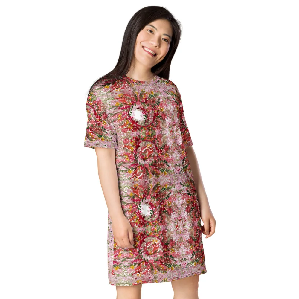 Red Flower T-shirt Dress, Circular Watercolor Fall Style Women's Oversized Short Sleeves Dress