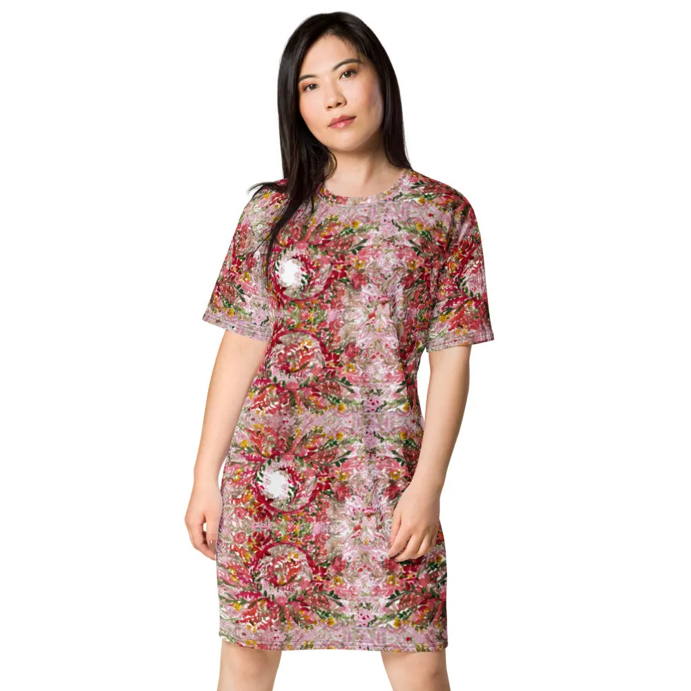 Red Flower T-shirt Dress, Circular Watercolor Fall Style Women's Oversized Short Sleeves Dress