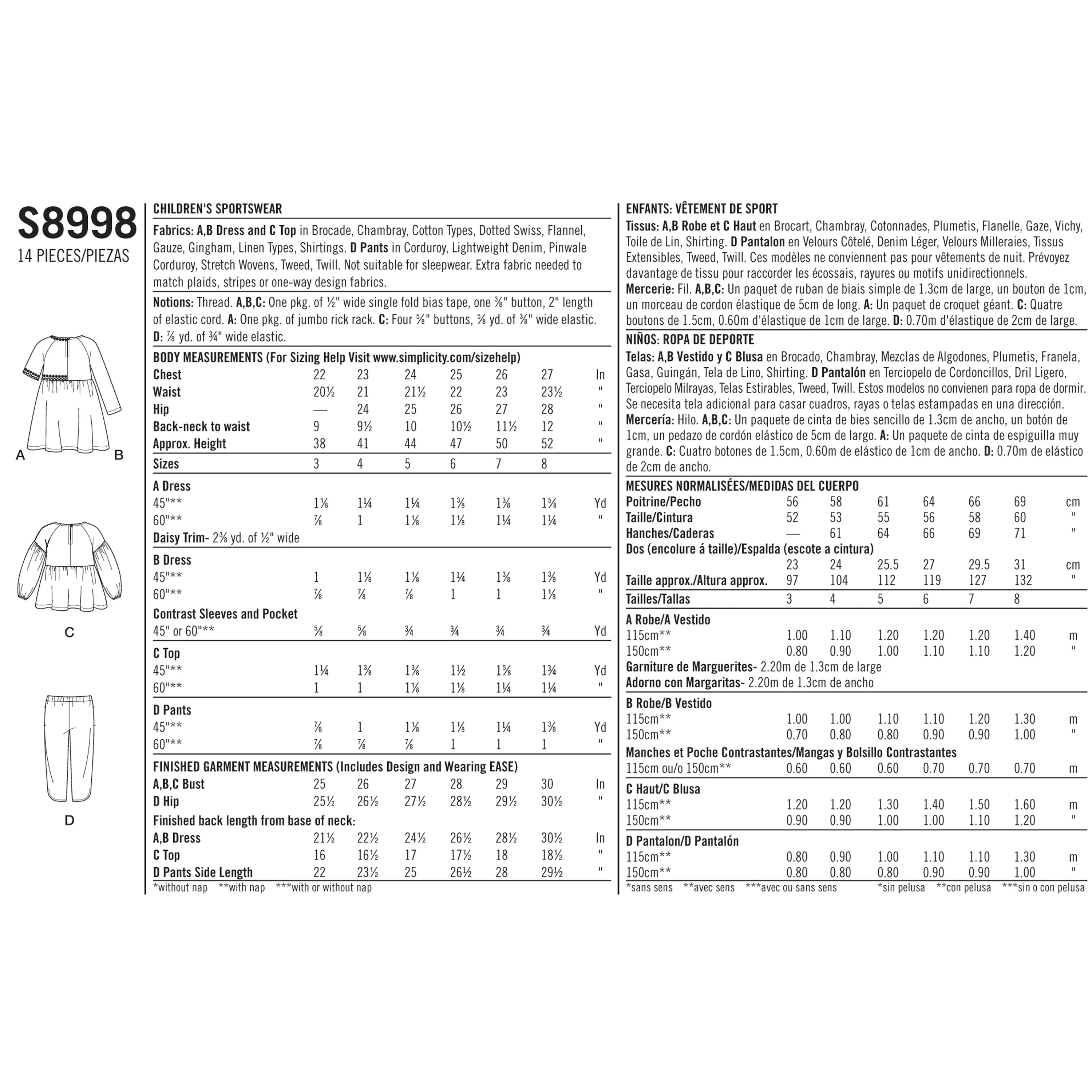 Simplicity Sewing Pattern S8998 Children's Easy-To-Sew Sportswear Dress, Top, Trousers