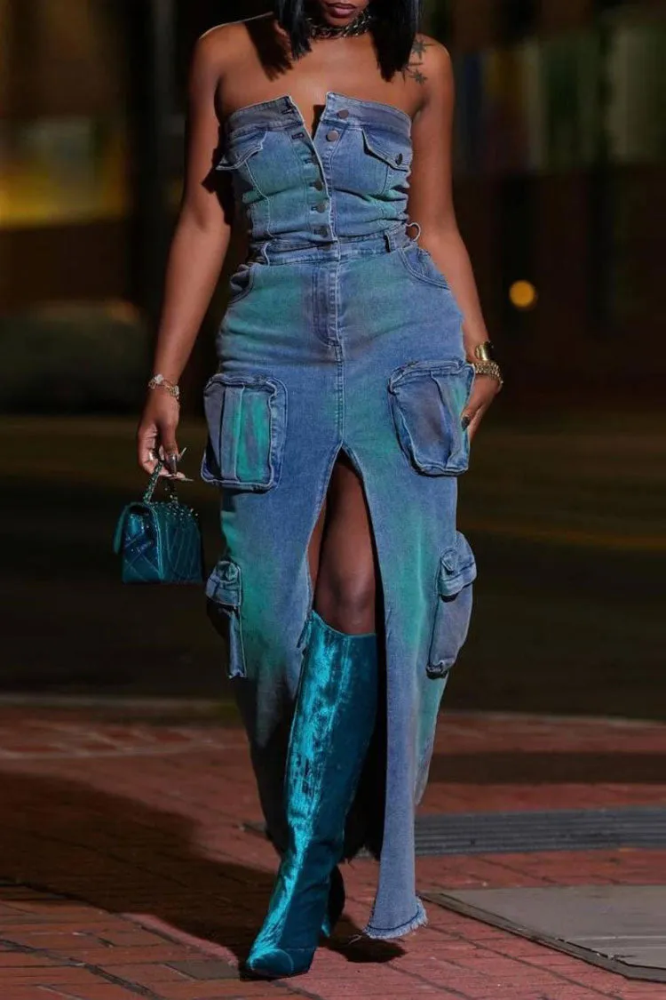 Street Style Strapless Button Up Cargo Pocket Front Split Denim Maxi Dress