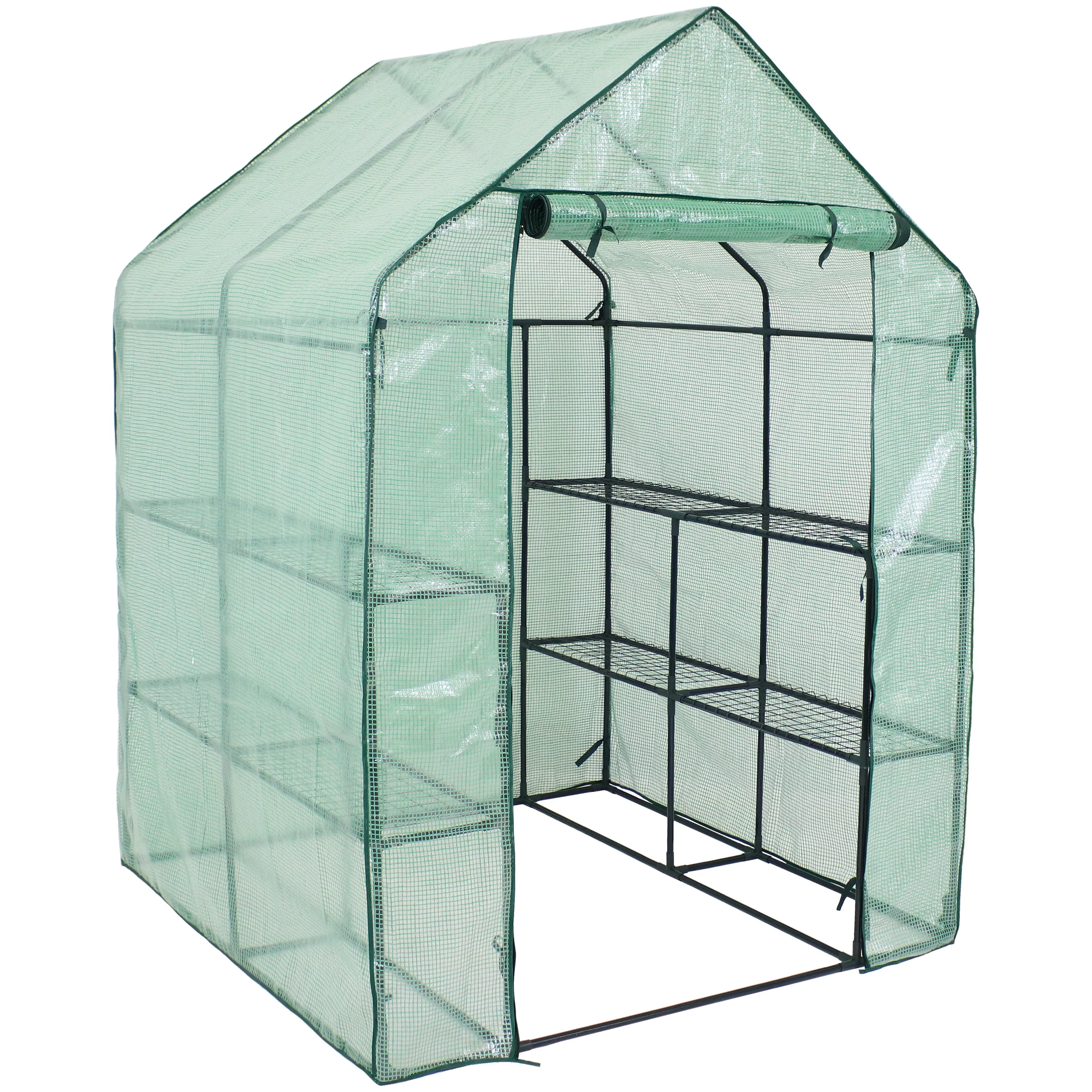 Sunnydaze Grandeur Walk-In Greenhouse with 4 Shelves for Outdoors - Green