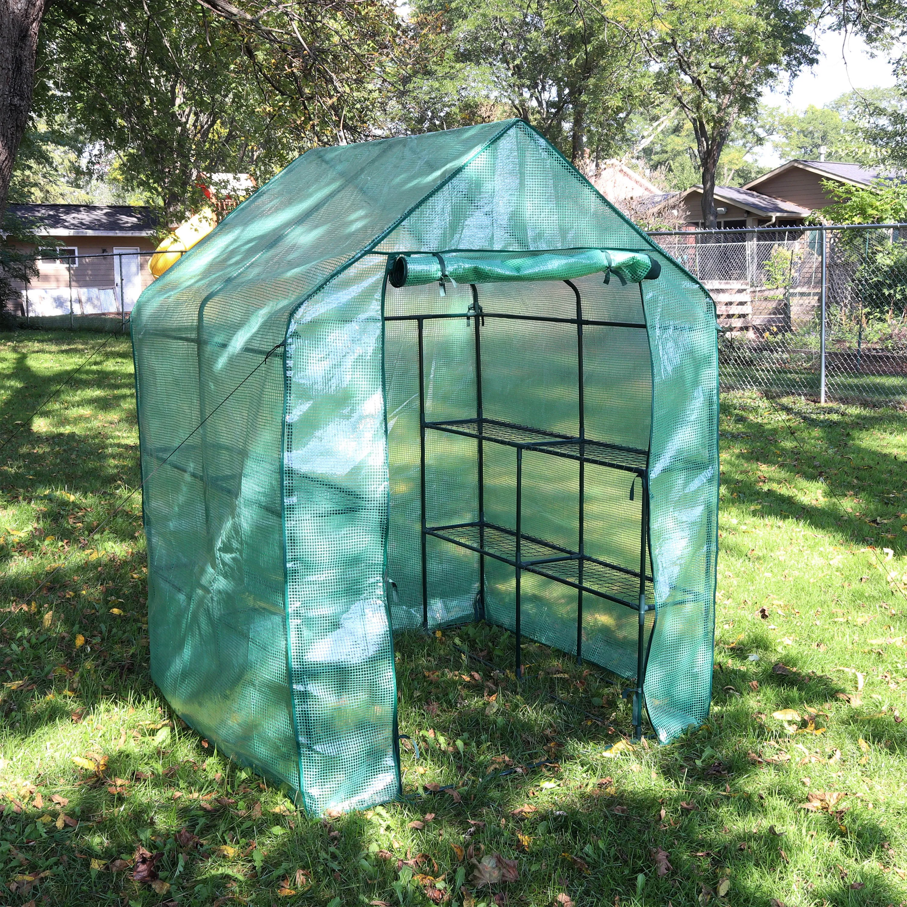 Sunnydaze Grandeur Walk-In Greenhouse with 4 Shelves for Outdoors - Green