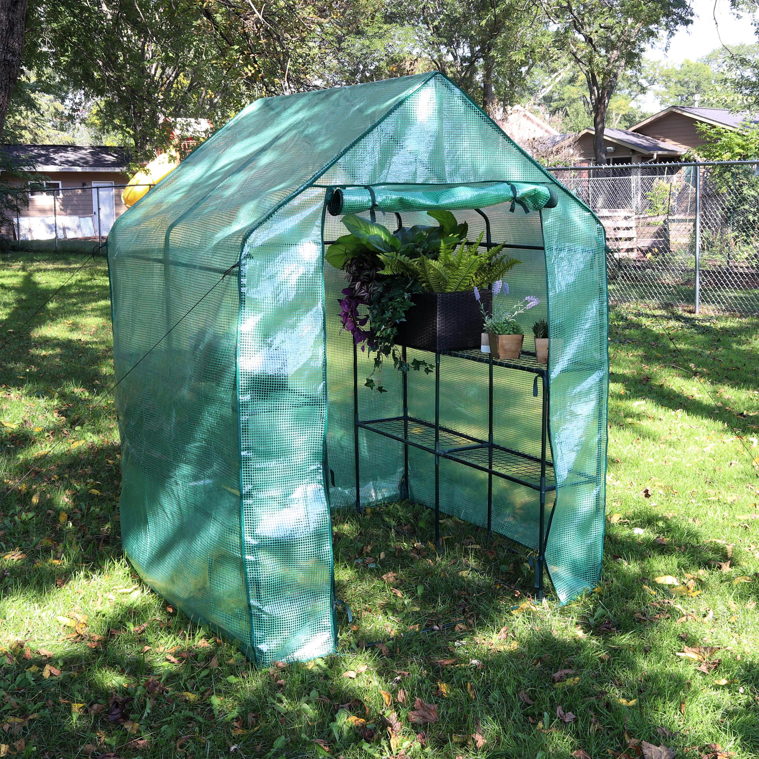 Sunnydaze Grandeur Walk-In Greenhouse with 4 Shelves for Outdoors - Green