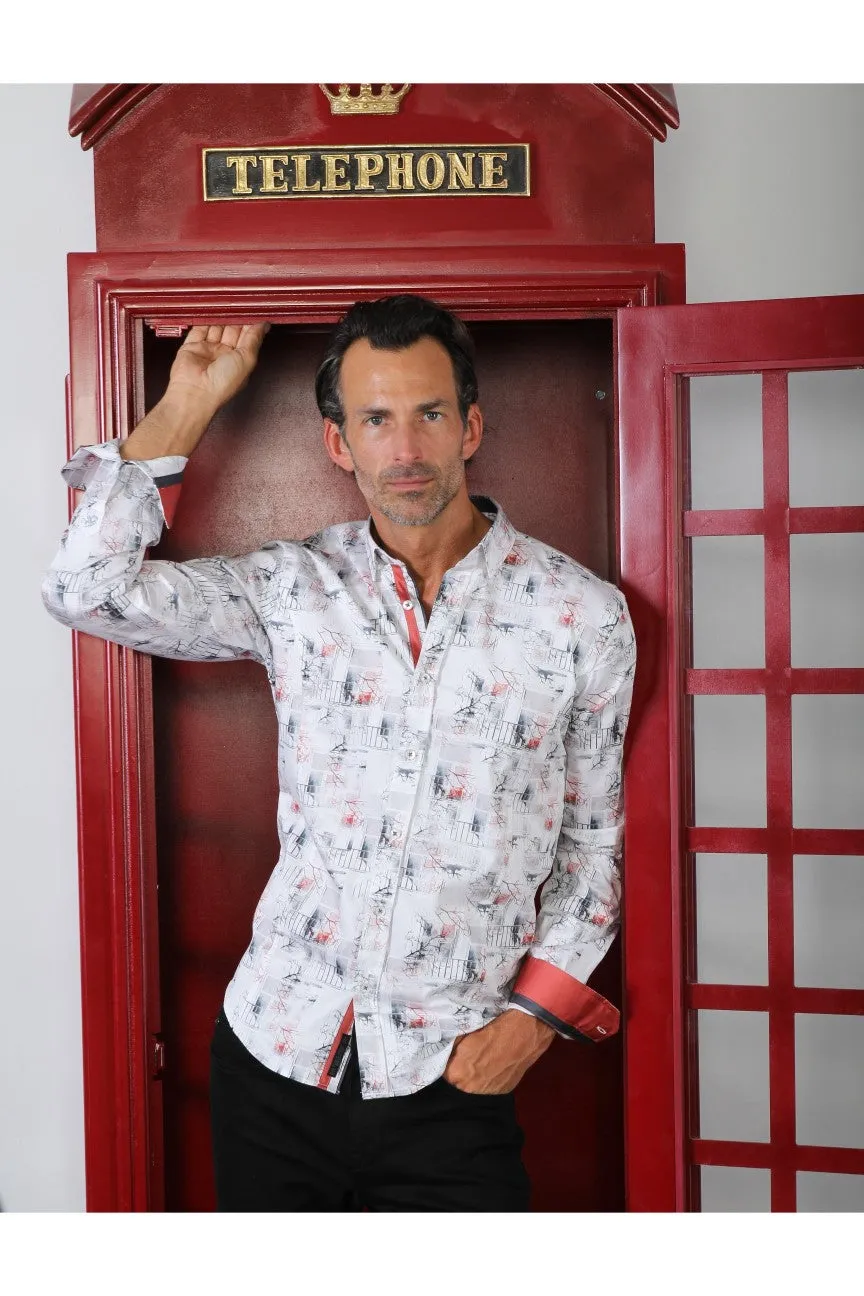 White Button Down Shirt W/ Red Branches Design