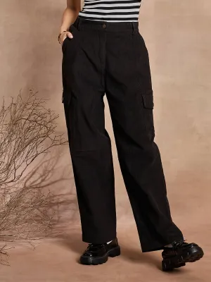 Women Black Corduroy Straight fit Cargo Pants