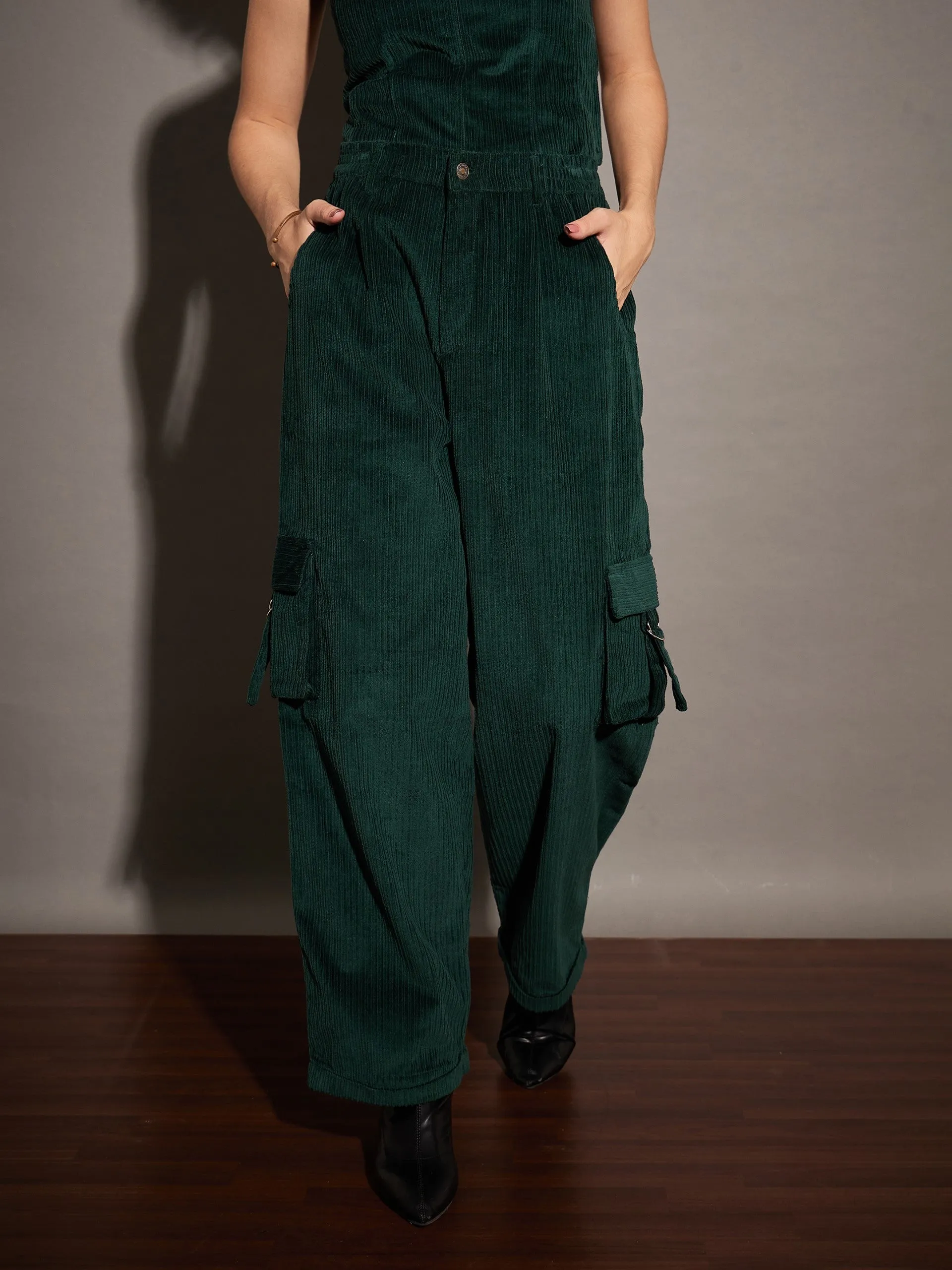 Women Emerald Corduroy Multi Pocket Cargo Pants