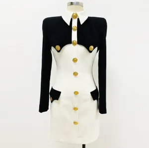 Women Mini Bodycon Dress Black White Collared and Golden Buttons