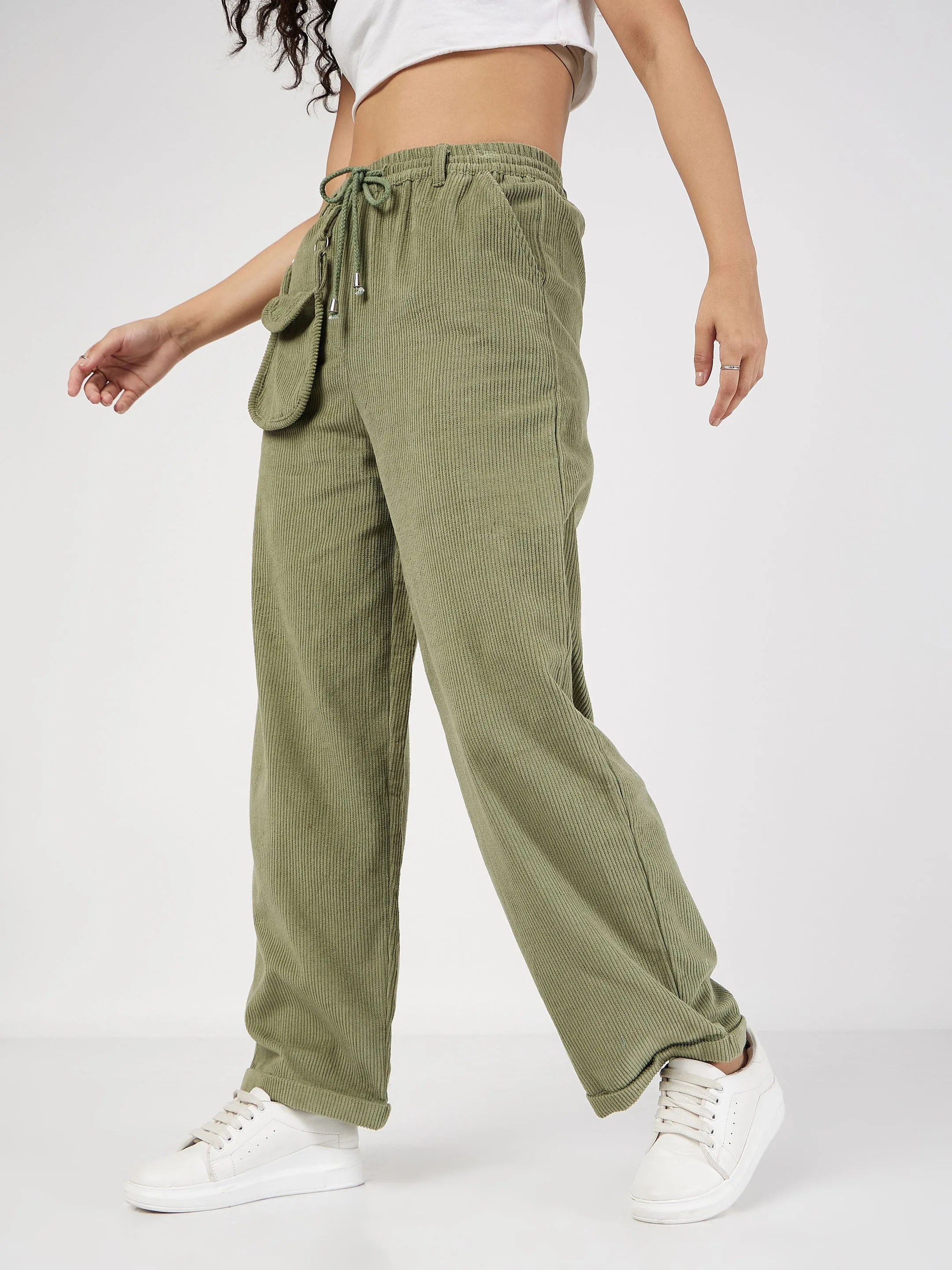 Women Olive Corduroy Pouch Pocket Drawstring Pants