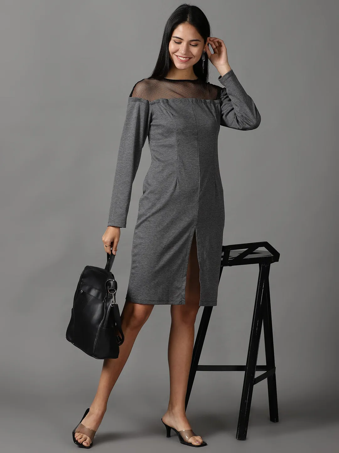 Women's Grey Solid Bodycon Dress