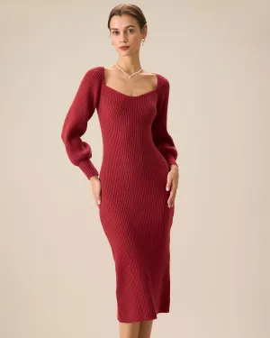 Women's Red Ribbed Knit Bodycon Sweater Dress